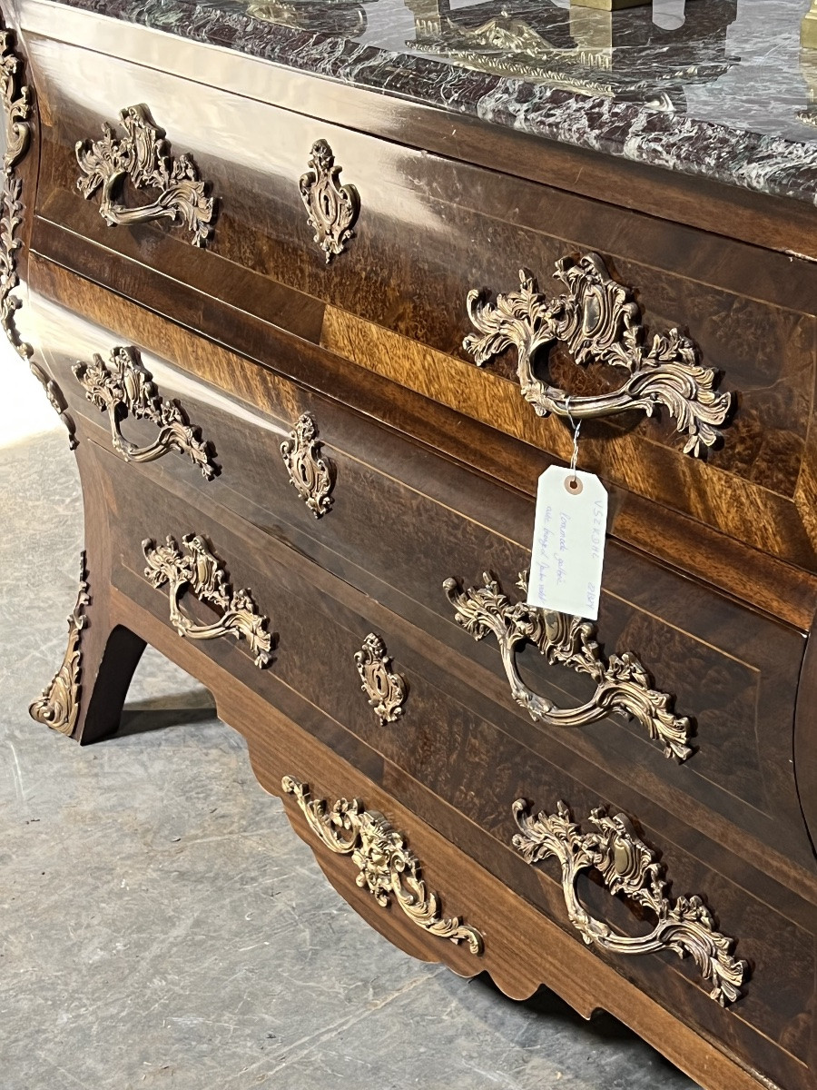 Louis XV Chest Of Drawers In Burr Walnut, Marble Top, Gilt Bronze Ornamentation-photo-5