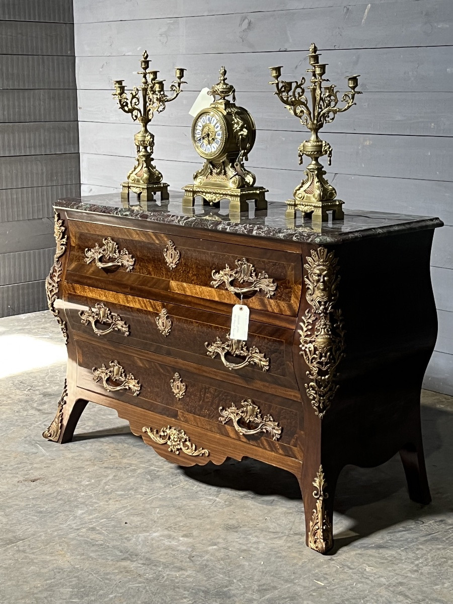 Louis XV Chest Of Drawers In Burr Walnut, Marble Top, Gilt Bronze Ornamentation-photo-6