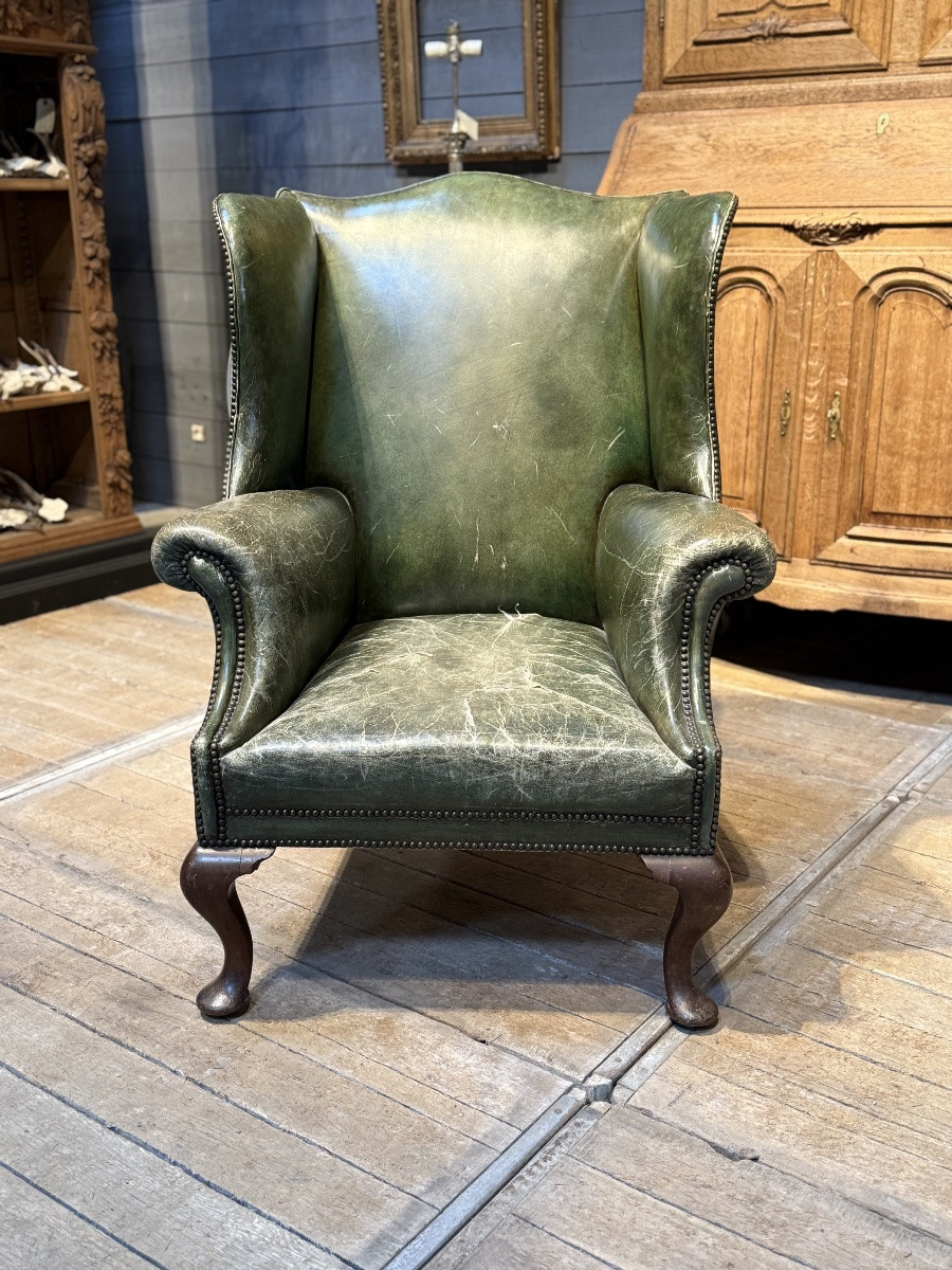 English Green Leather Armchair-photo-3