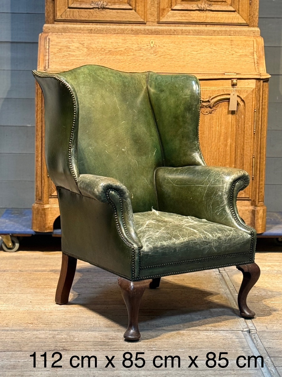 English Green Leather Armchair-photo-1