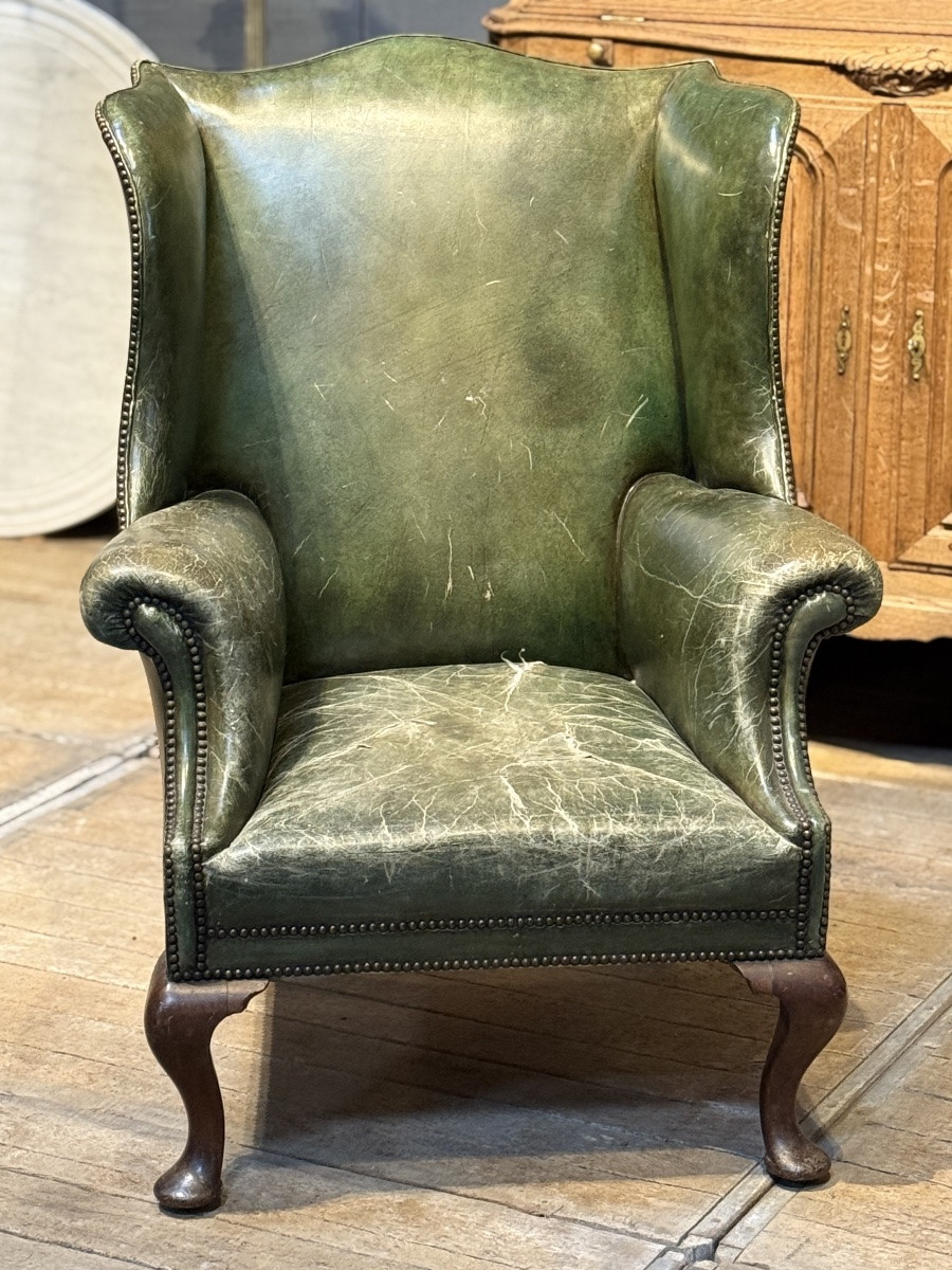 English Green Leather Armchair-photo-7