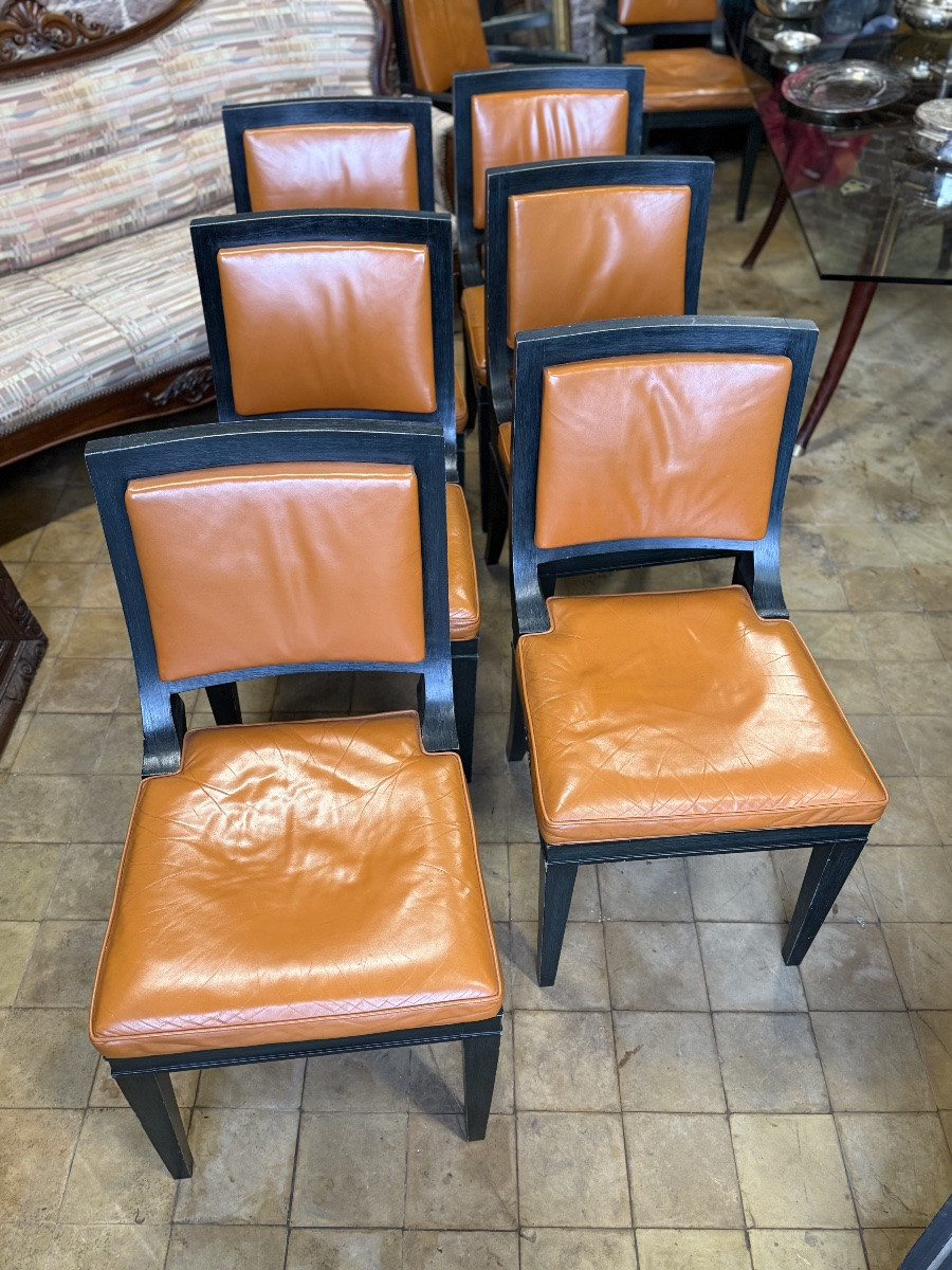 6 Vintage Leather Chairs & 2 Armchairs-photo-4
