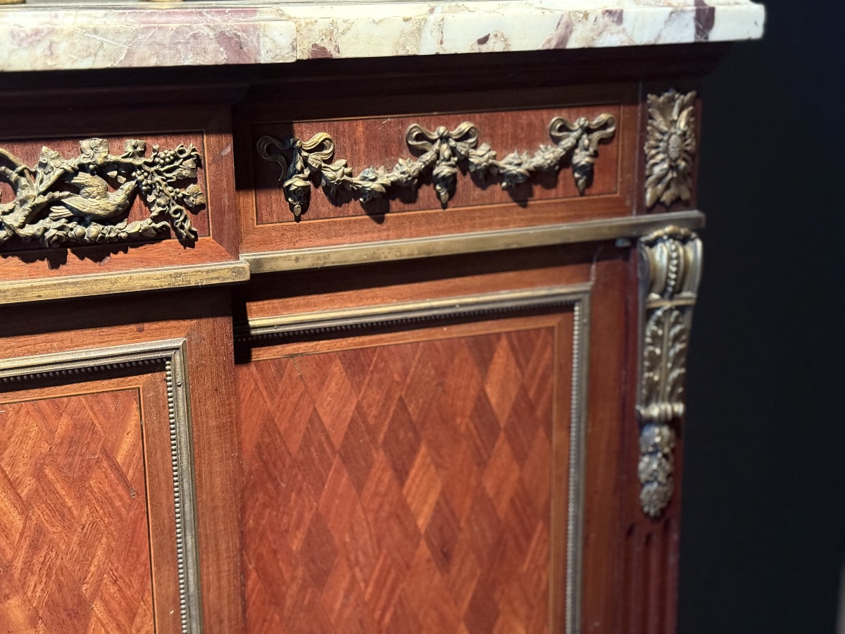 A Side Board In Marquetry And Finely Chiseled Bronze. -photo-3