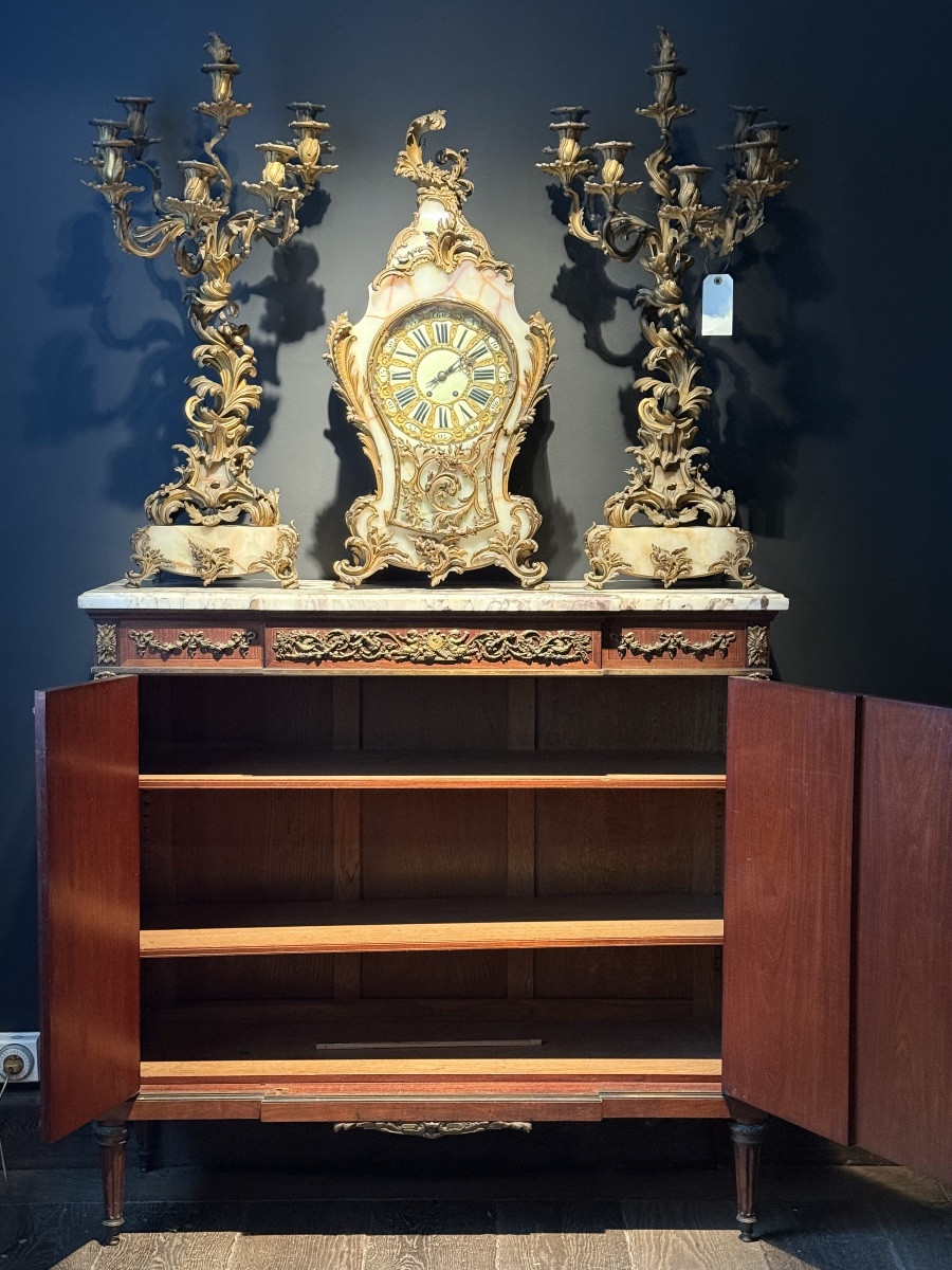 A Side Board In Marquetry And Finely Chiseled Bronze. -photo-4