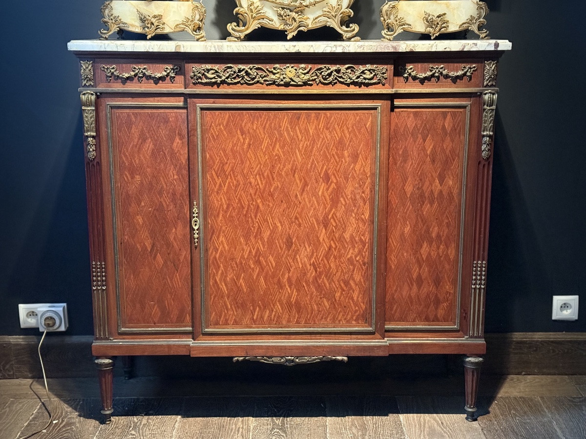 A Side Board In Marquetry And Finely Chiseled Bronze. -photo-7
