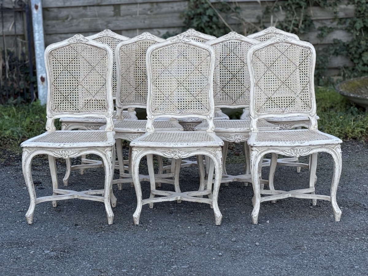 Set Of 8 Weathered, Cane-seated Chairs -photo-5