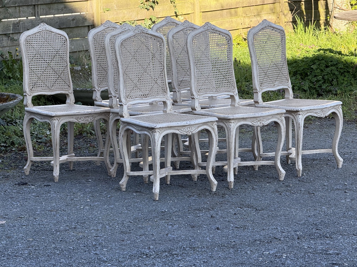 Set Of 8 Weathered, Cane-seated Chairs -photo-8