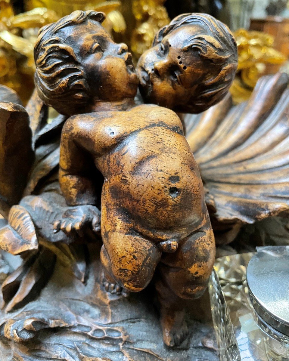 Nice Inkwell "2 Putti With Fish" In Walnut 19thc.-photo-3