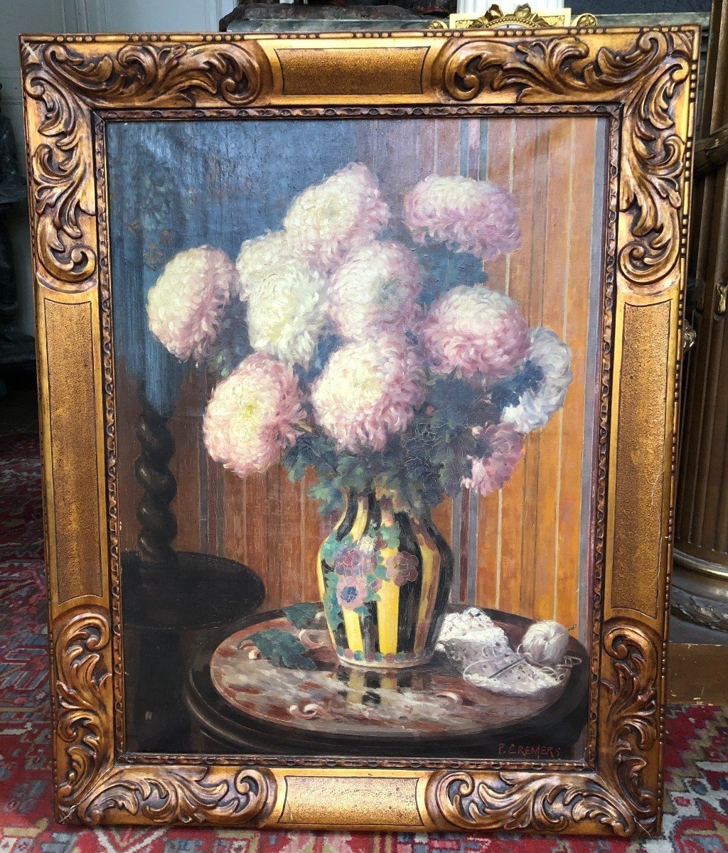Decorative Painting "flowers In A Vase" Oil On Canvas 1920-1930.-photo-2