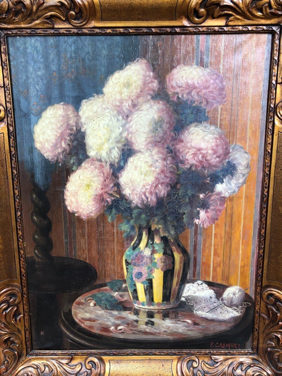 Decorative Painting "flowers In A Vase" Oil On Canvas 1920-1930.-photo-4