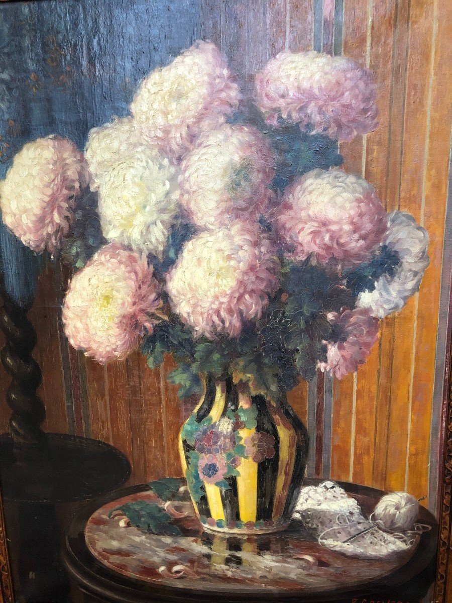 Decorative Painting "flowers In A Vase" Oil On Canvas 1920-1930.