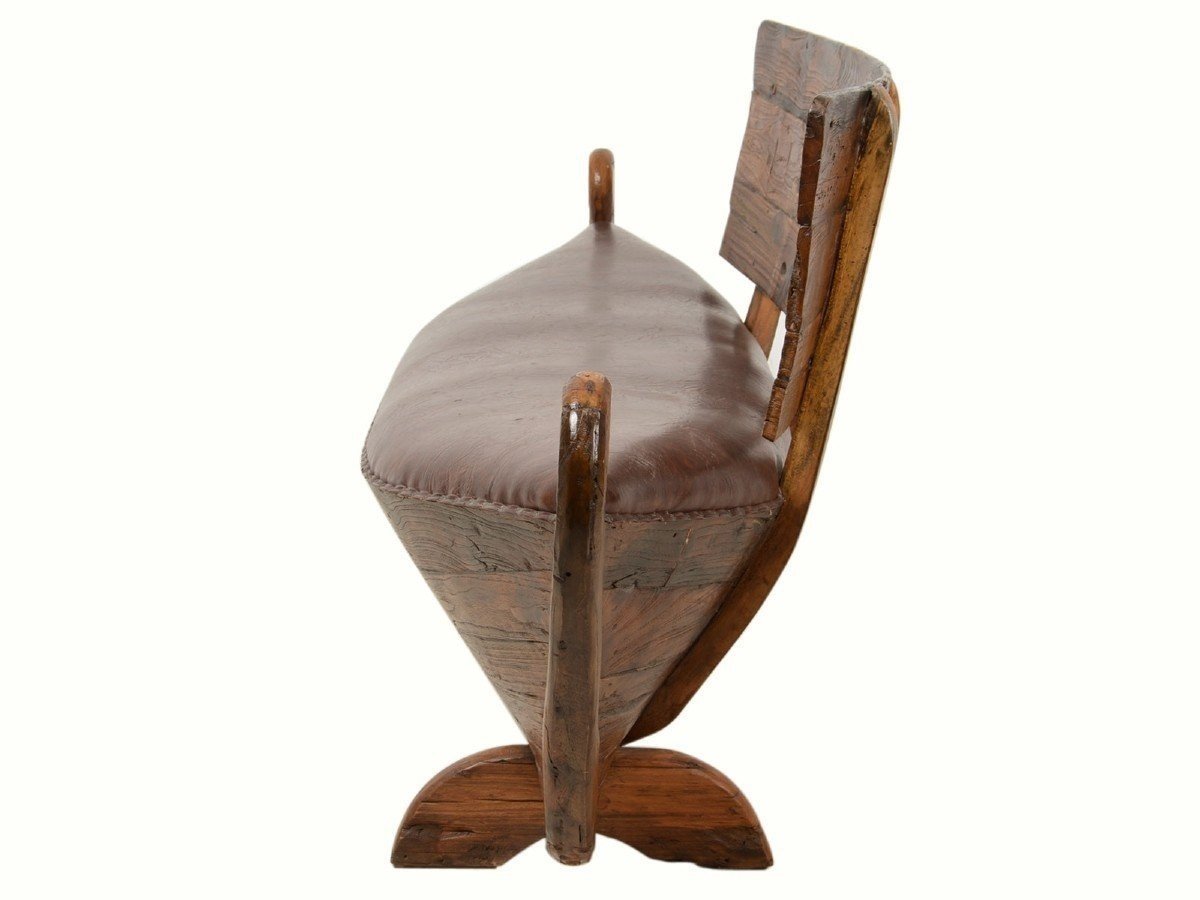 Banc Spécial "bateau" en bois massif Avec Siège En Skaï Brun 20ème.-photo-2