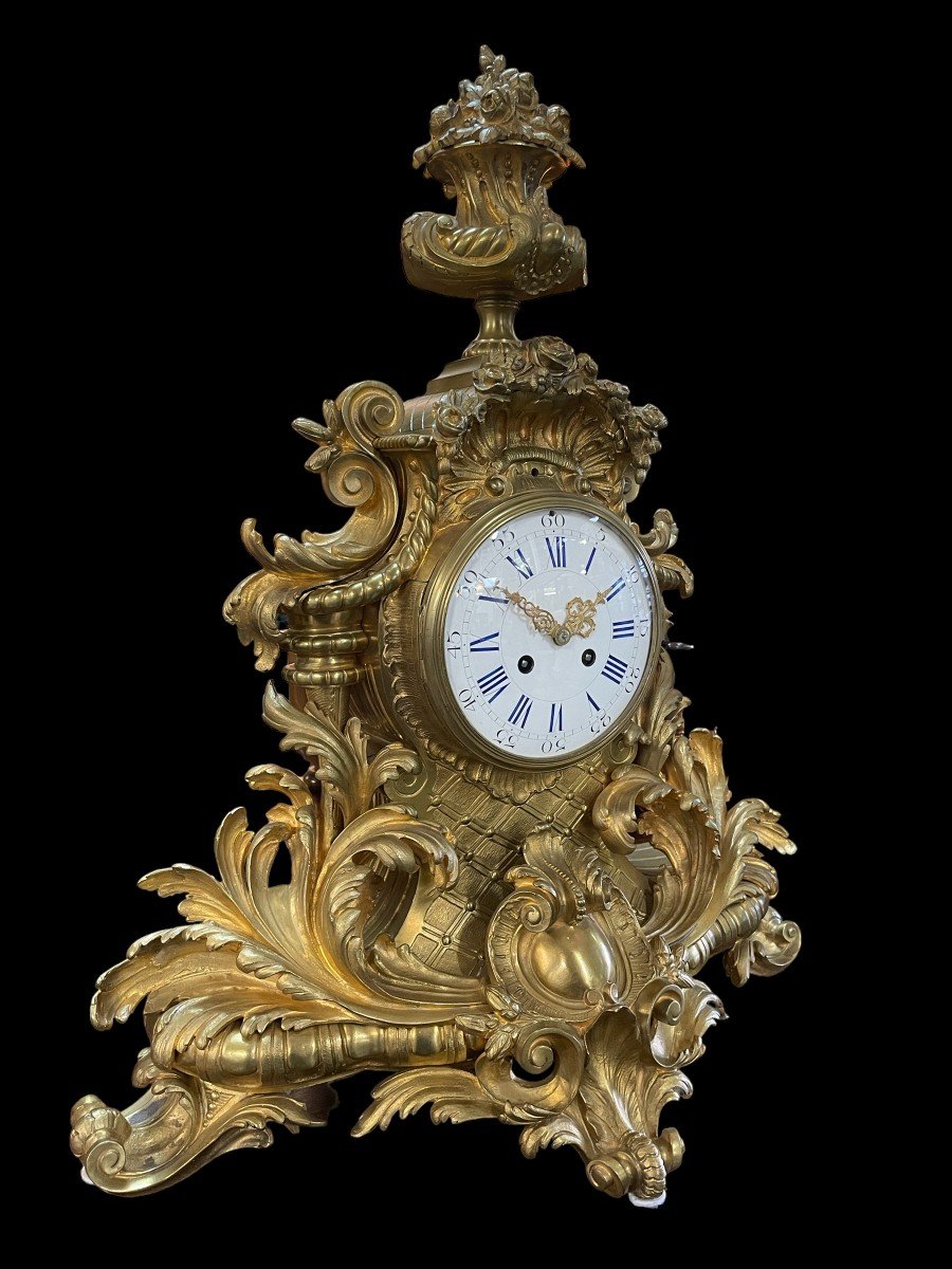 Large French Clock With Floral Decor In Gilt Bronze 19thc.-photo-2