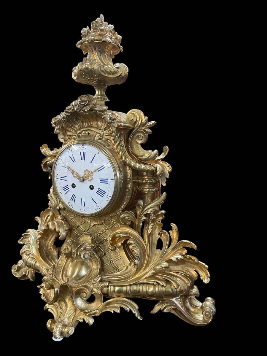 Large French Clock With Floral Decor In Gilt Bronze 19thc.-photo-3