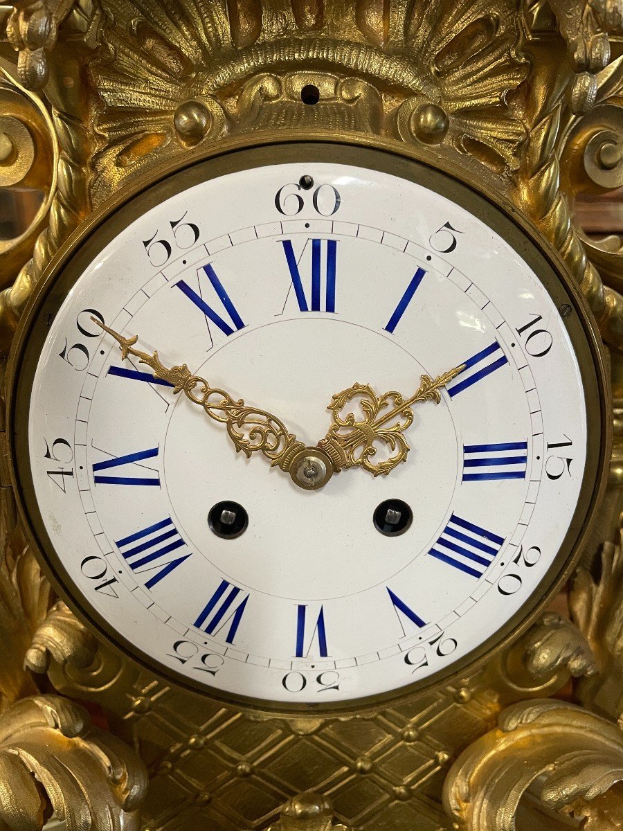 Large French Clock With Floral Decor In Gilt Bronze 19thc.-photo-4