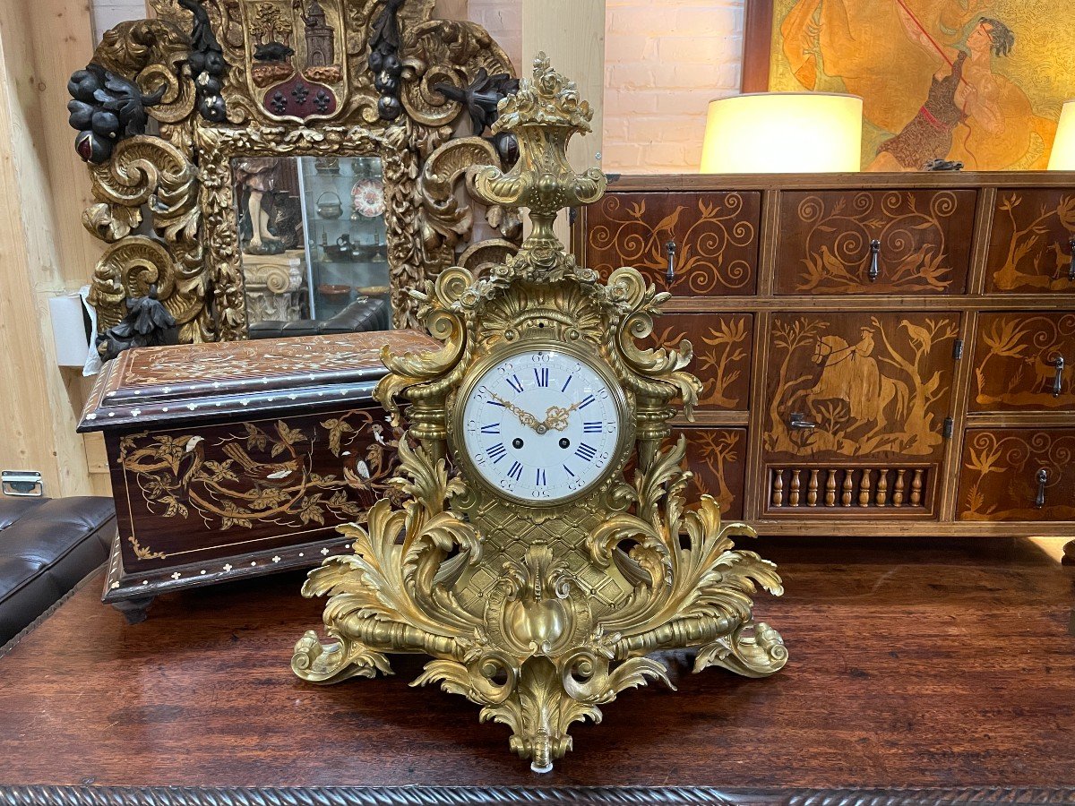 Large French Clock With Floral Decor In Gilt Bronze 19thc.-photo-3