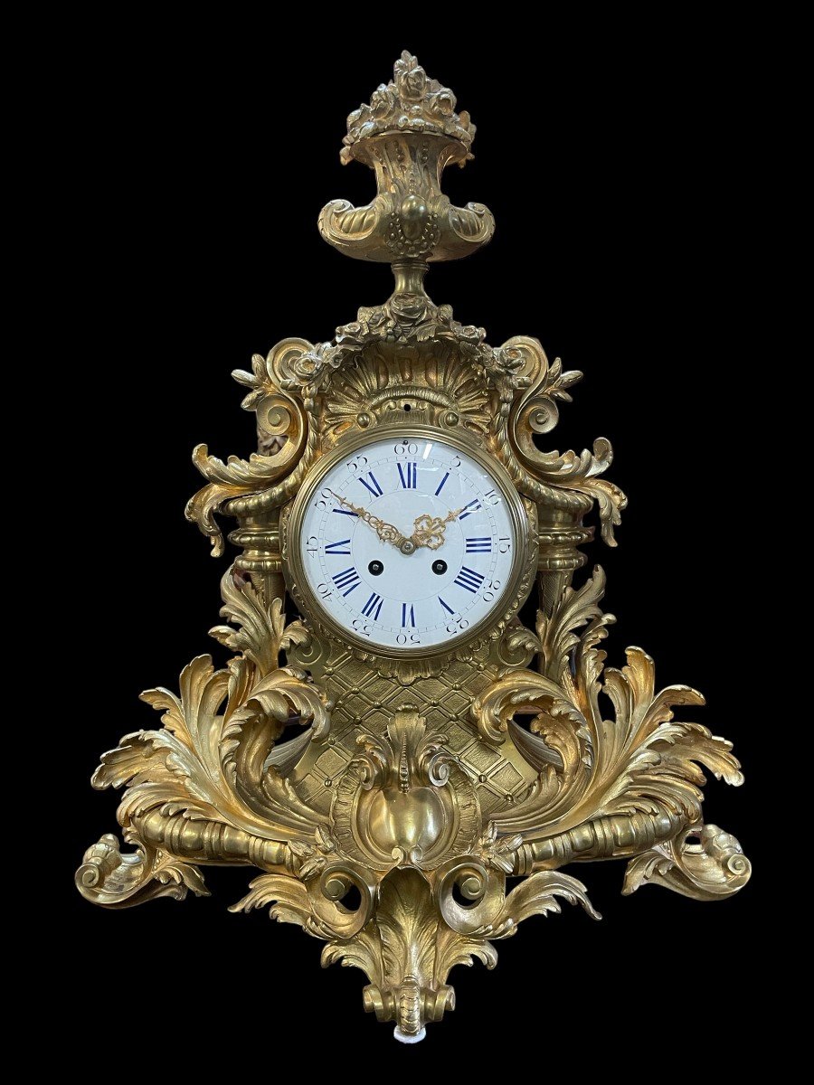 Large French Clock With Floral Decor In Gilt Bronze 19thc.