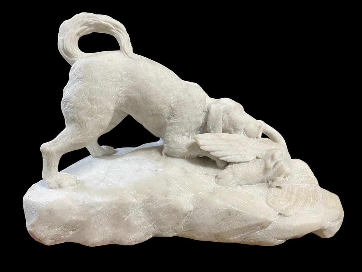 Sculpture "dog With Prey" In Carrara Marble 19thc.