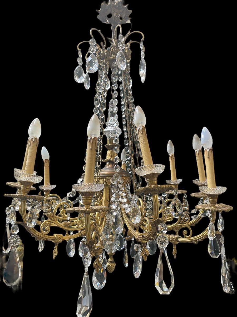 Beautiful Lxvi Style Chandelier In Bronze/crystal Late 19thc.-photo-2