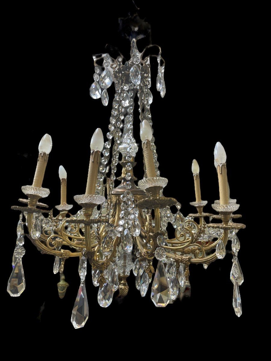Beautiful Lxvi Style Chandelier In Bronze/crystal Late 19thc.-photo-1
