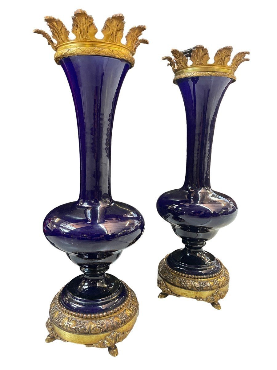Pair Of Ornamental Vases In Blue Earthenware And Bronze 19thc.-photo-2