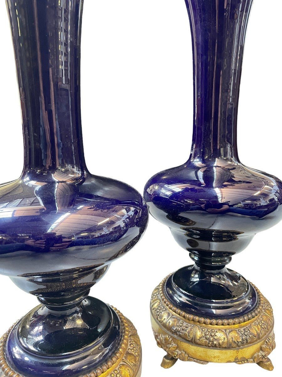 Pair Of Ornamental Vases In Blue Earthenware And Bronze 19thc.-photo-4