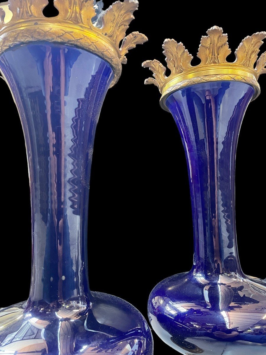 Pair Of Ornamental Vases In Blue Earthenware And Bronze 19thc.-photo-7