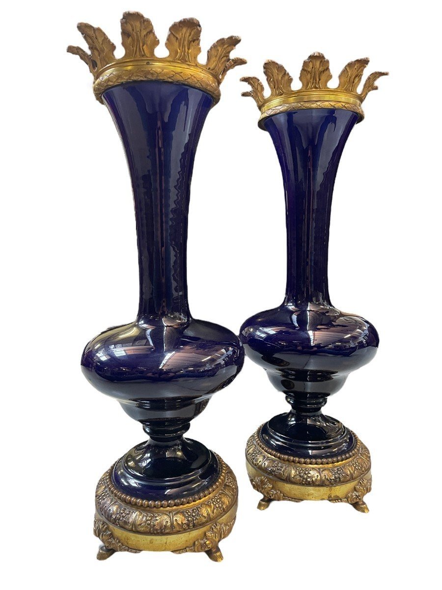 Pair Of Ornamental Vases In Blue Earthenware And Bronze 19thc.-photo-8