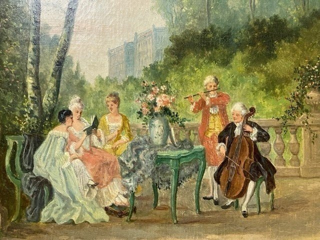 Romantic Painting "nobleman In The Castle Garden" Oil On Canvas 19thc.-photo-2