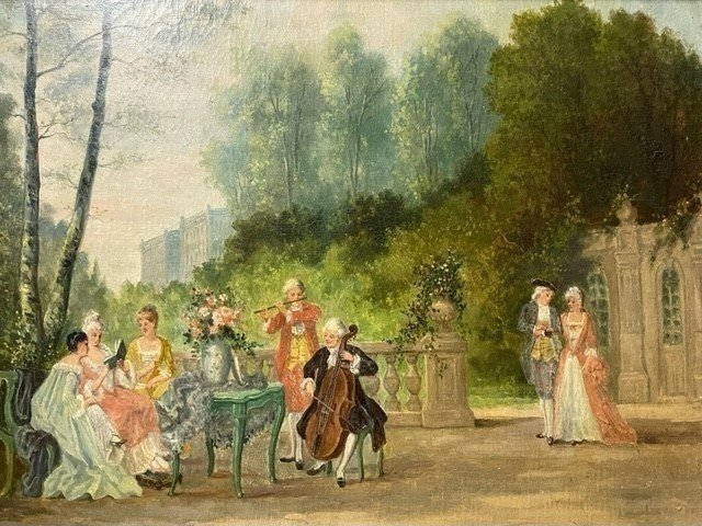 Romantic Painting "nobleman In The Castle Garden" Oil On Canvas 19thc.-photo-5