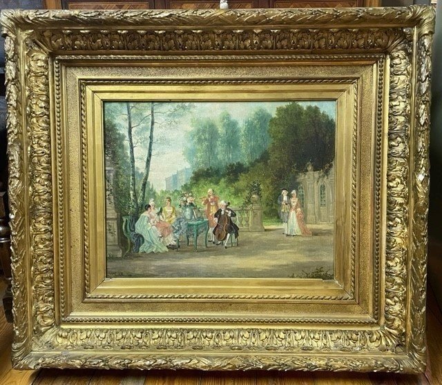 Romantic Painting "nobleman In The Castle Garden" Oil On Canvas 19thc.