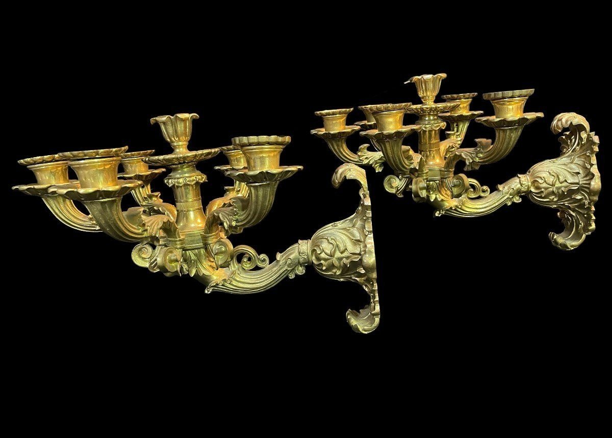 Pair Of Restoration Style Gilt Bronze Sconces With 6 Lights.-photo-2
