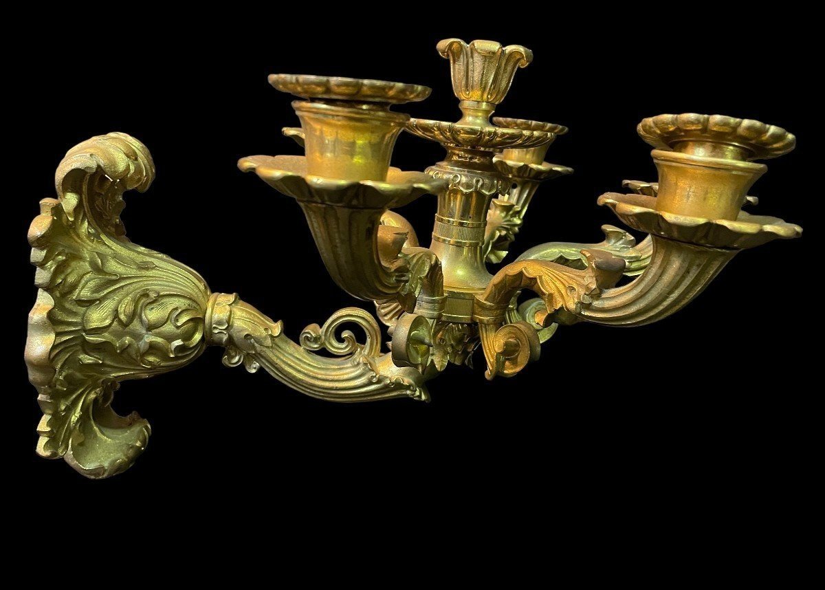 Pair Of Restoration Style Gilt Bronze Sconces With 6 Lights.-photo-3