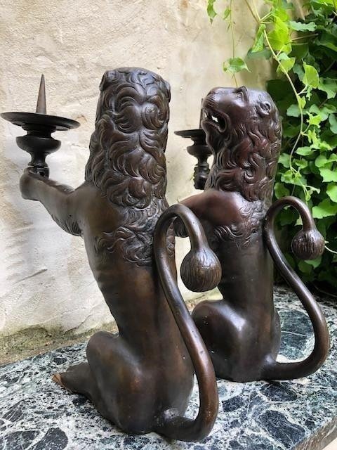 Pair Of “renaissance Lions” Candelabra In Bronze , 19th Century.-photo-3