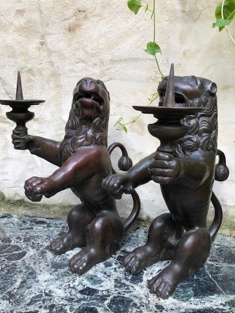 Pair Of “renaissance Lions” Candelabra In Bronze , 19th Century.-photo-4