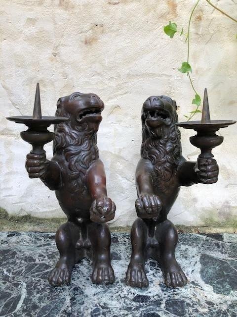 Pair Of “renaissance Lions” Candelabra In Bronze , 19th Century.-photo-7
