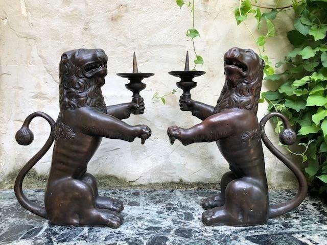 Pair Of “renaissance Lions” Candelabra In Bronze , 19th Century.