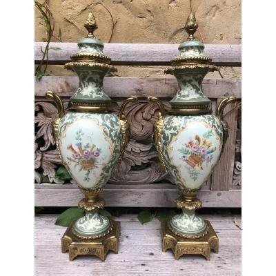 Pair Of Porcelain And Gilt Bronze Vases Early 20th Century.-photo-1