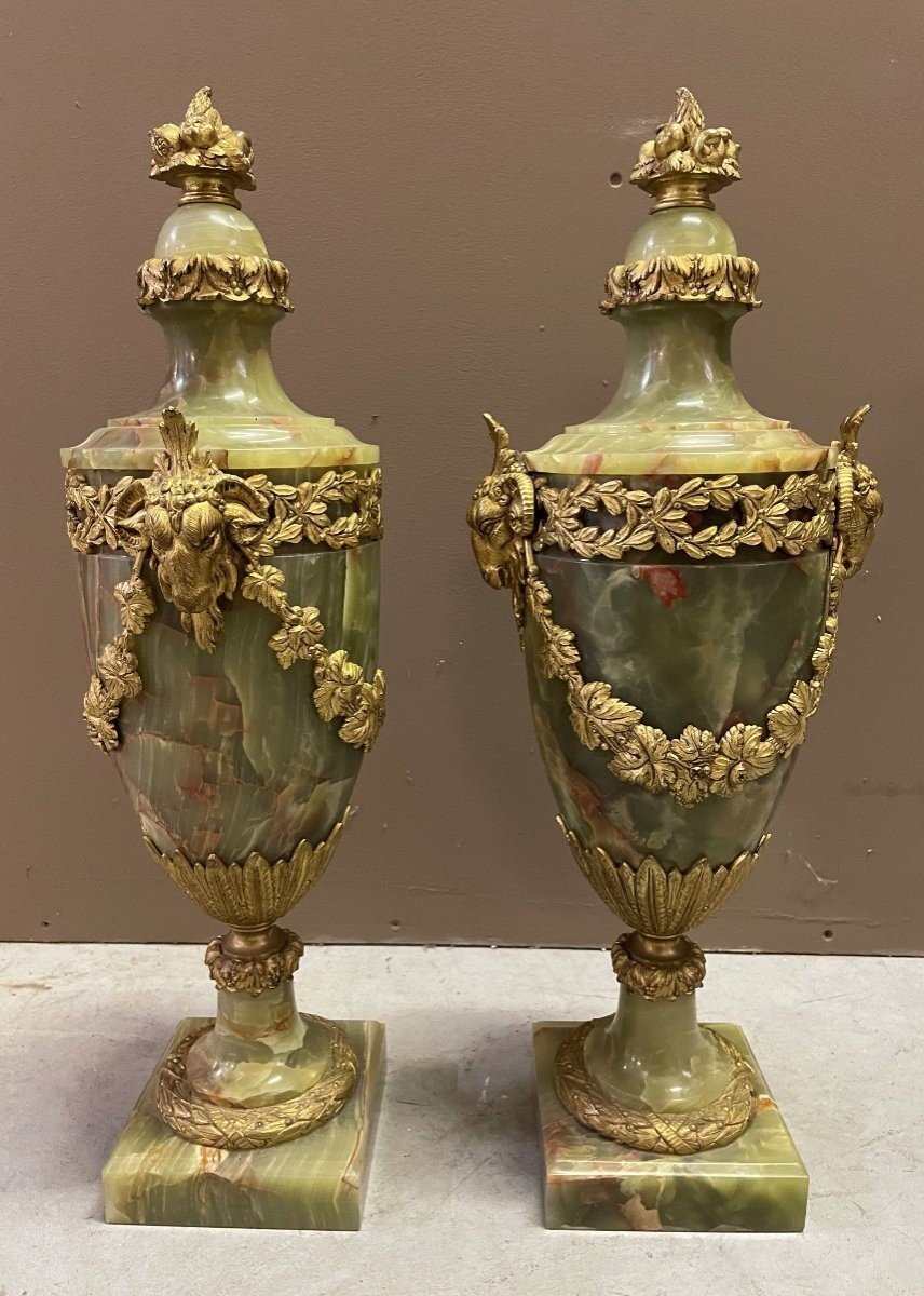 Pair Of Large Cassolettes In Onyx And Gilt Bronze 19thc.