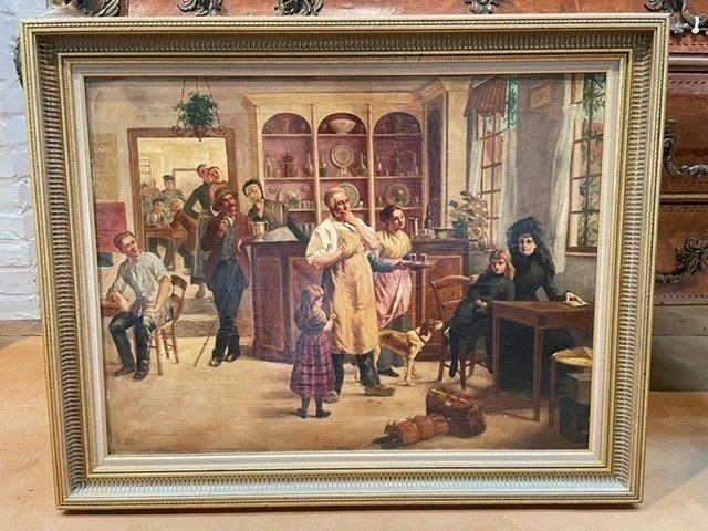 Decorative Painting "in The Tavern" Oil On Canvas Late 19thc.-photo-2