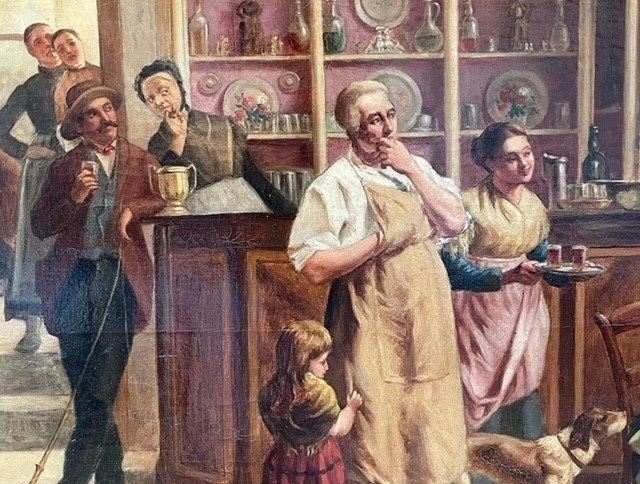 Decorative Painting "in The Tavern" Oil On Canvas Late 19thc.-photo-4