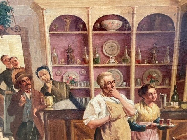 Decorative Painting "in The Tavern" Oil On Canvas Late 19thc.-photo-1