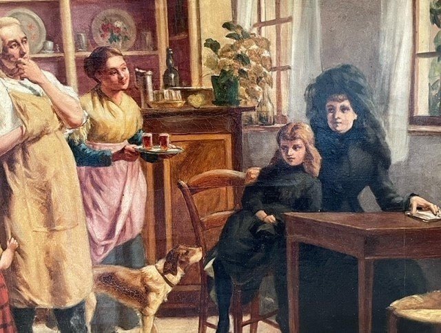 Decorative Painting "in The Tavern" Oil On Canvas Late 19thc.-photo-2