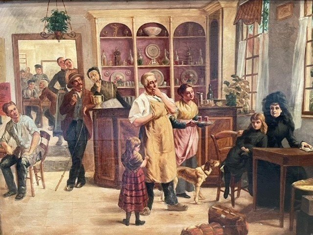 Decorative Painting "in The Tavern" Oil On Canvas Late 19thc.