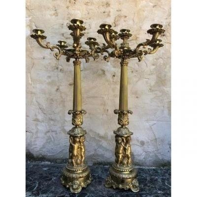 Pair Of Large 6 Bourgeois Candelabras In Gilt Bronze 19thc.-photo-6