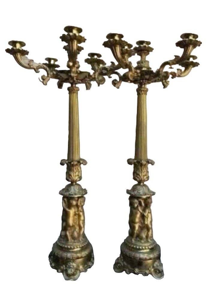 Pair Of Large 6 Bourgeois Candelabras In Gilt Bronze 19thc.-photo-7