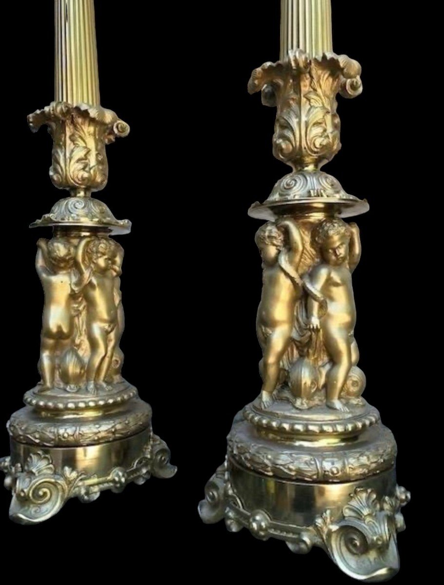 Pair Of Large 6 Bourgeois Candelabras In Gilt Bronze 19thc.