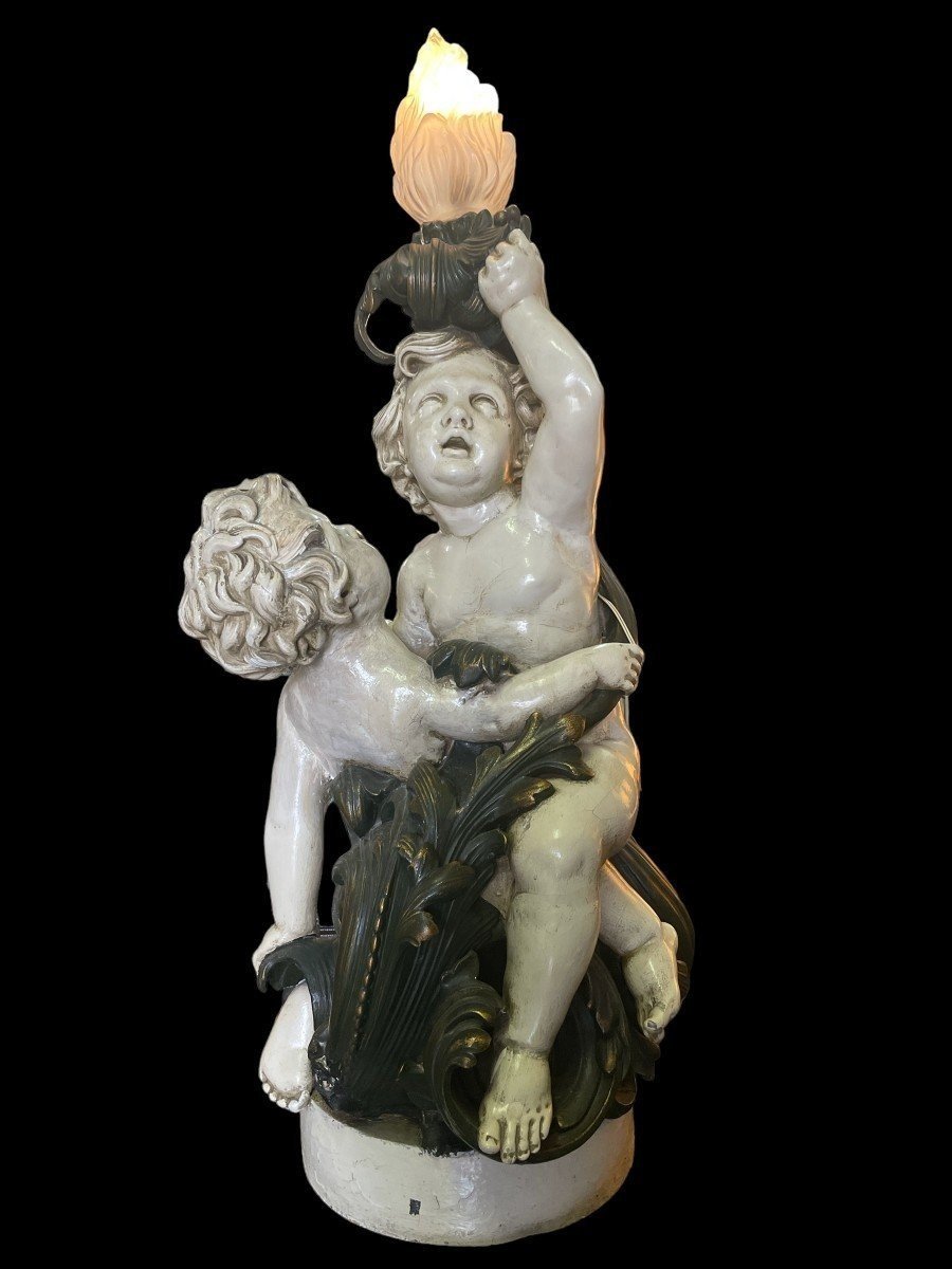 Grande Sculpture / Lampadaire " 2 Putti Renaissance " En Plâtre 19ème-photo-2