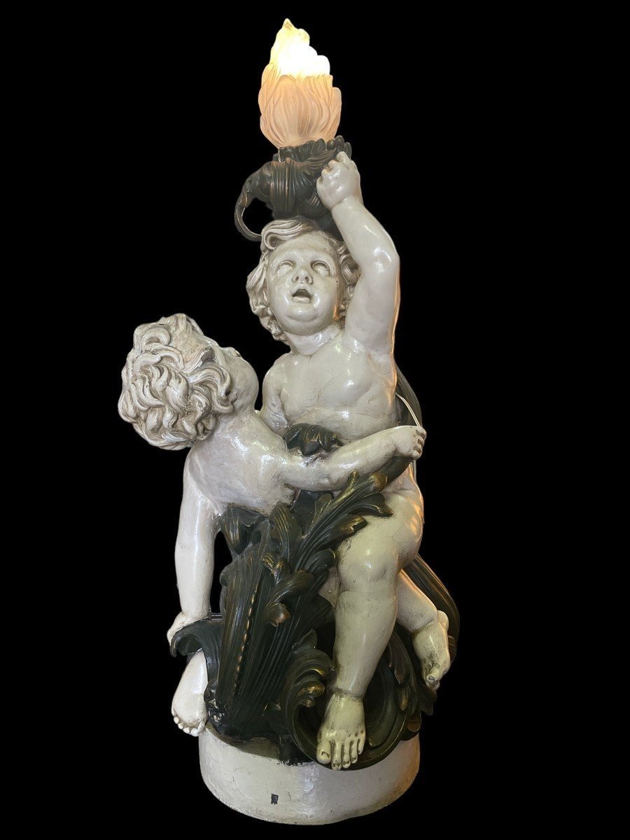 Large Sculpture / Floor Lamp "2 Putti Renaissance" In Plaster 19thc.-photo-2