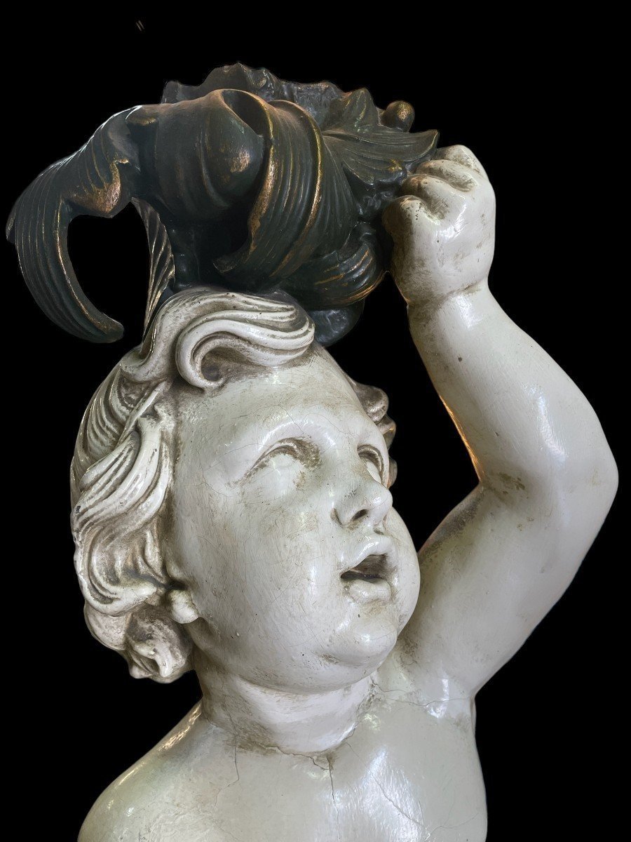 Grande Sculpture / Lampadaire " 2 Putti Renaissance " En Plâtre 19ème-photo-4